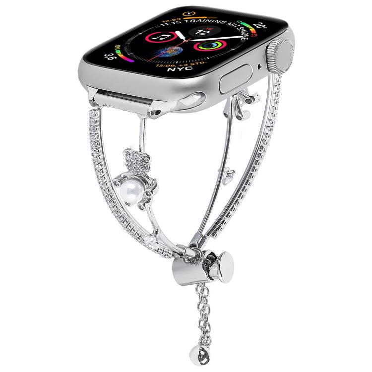 For Apple Watch 46mm / 49mm / 45mm / 44mm Copper-Inlaid Bear Zircon Bracelet Watch Band(Siver) by bashfashion