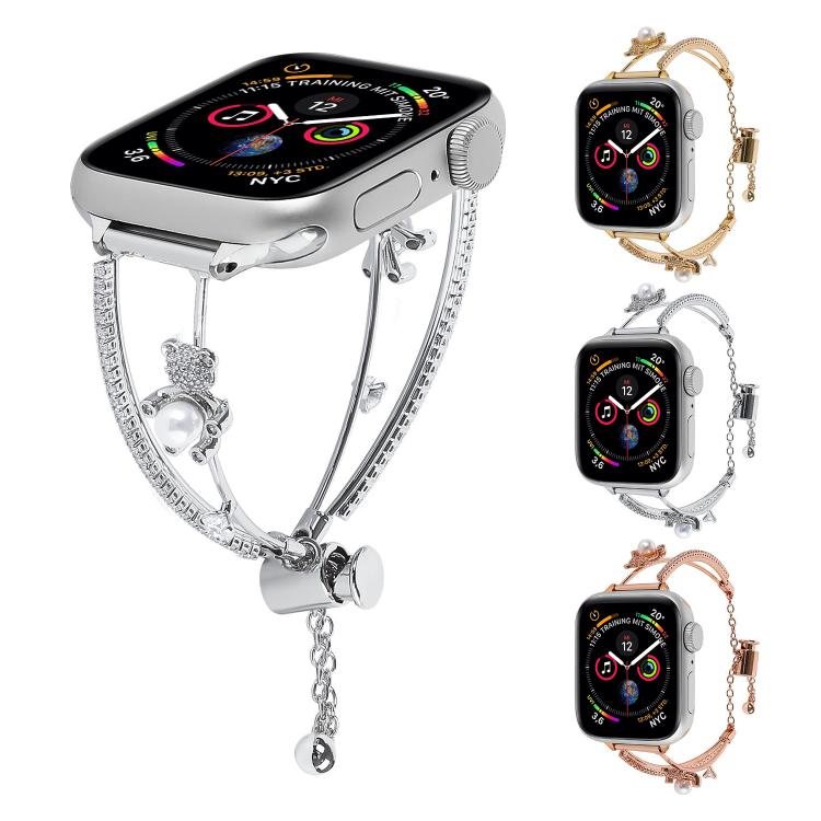 For Apple Watch 46mm / 49mm / 45mm / 44mm Copper-Inlaid Bear Zircon Bracelet Watch Band(Siver) by bashfashion