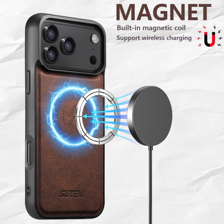 For iPhone 17 Pro Max Suteni G5 Litchi Leather Magnetic MagSafe Phone Case(Brown) by Suteni