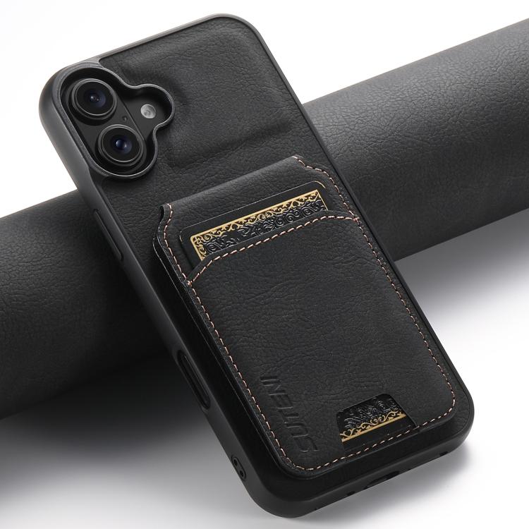 For iPhone 17 Suteni H02 Litchi Leather Card Wallet Stand Back Phone Case(Black) by Suteni