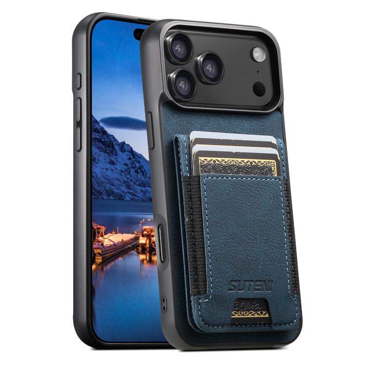 For iPhone 17 Pro Suteni H03 Litchi Leather Card Bag Stand Back Phone Case(Blue) by Suteni