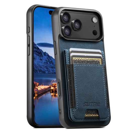 For iPhone 17 Pro Suteni H03 Litchi Leather Card Bag Stand Back Phone Case(Blue) by Suteni