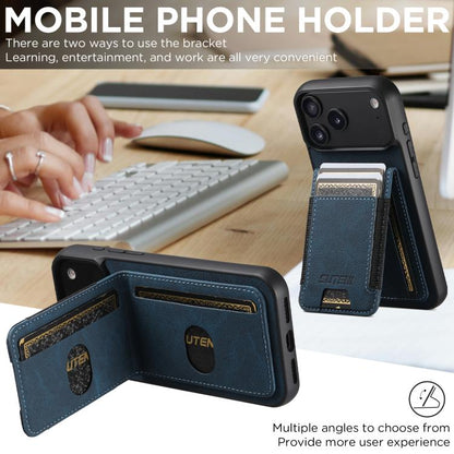 For iPhone 17 Pro Suteni H03 Litchi Leather Card Bag Stand Back Phone Case(Blue) by Suteni