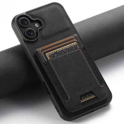 For iPhone 17 Suteni H03 Litchi Leather Card Bag Stand Back Phone Case(Black) by Suteni