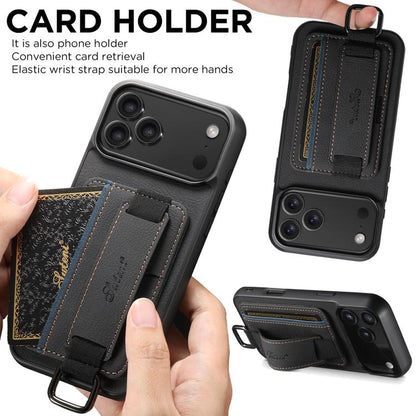 For iPhone 17 Pro Suteni H13 Litchi Leather Wrist Strap Wallet Back Phone Case(Black) by Suteni