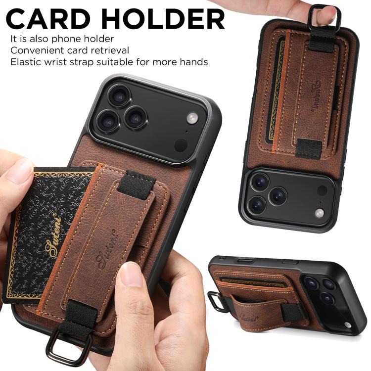 For iPhone 17 Pro Suteni H13 Litchi Leather Wrist Strap Wallet Back Phone Case(Brown) by Suteni