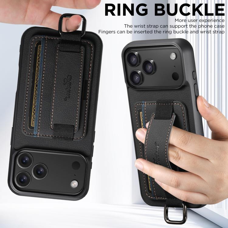 For iPhone 17 Suteni H13 Litchi Leather Wrist Strap Wallet Back Phone Case(Black) by Suteni