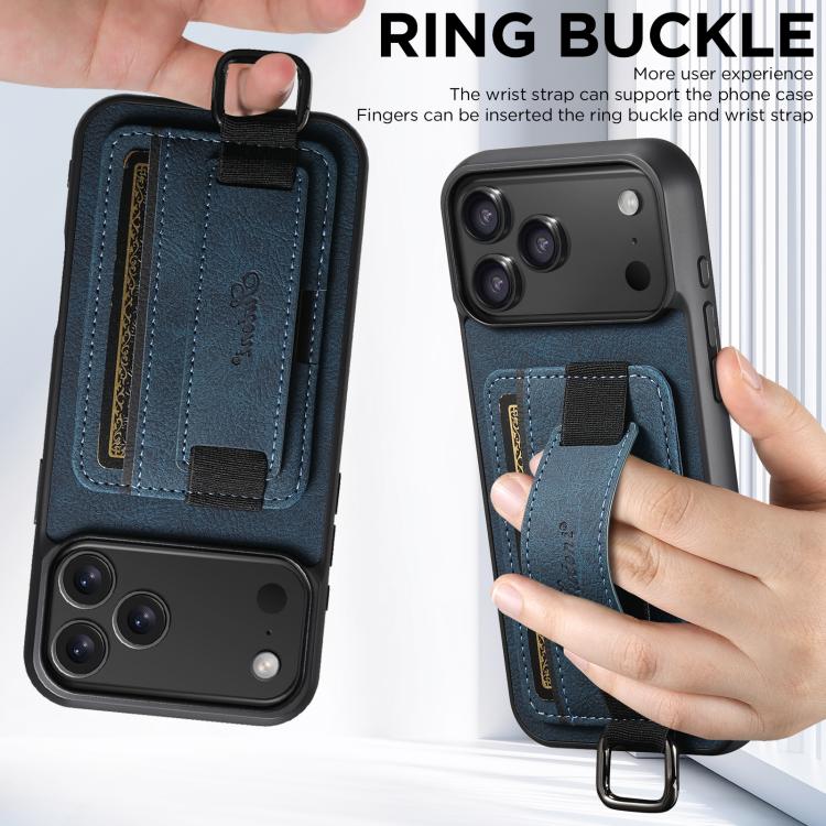For iPhone 17 Suteni H13 Litchi Leather Wrist Strap Wallet Back Phone Case(Blue) by Suteni