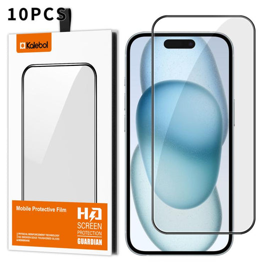 For iPhone 15 10pcs Kalebol High-Aluminum Screen-Printed Full-Coverage Anti-Fingerprint Black-Bordered HD Tempered Glass Film by Kalebol