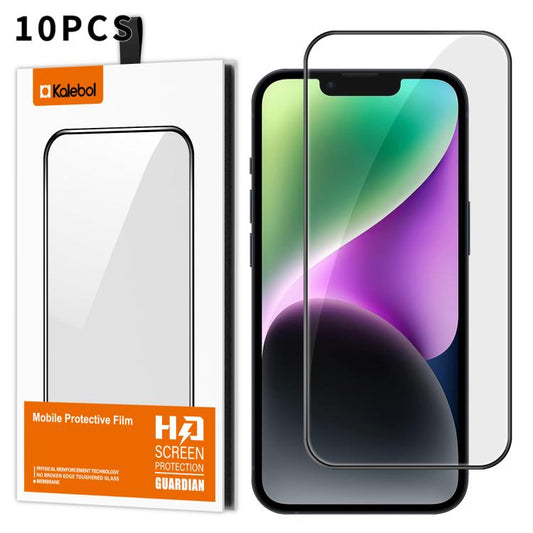 For iPhone 14 Plus 10pcs Kalebol High-Aluminum Screen-Printed Full-Coverage Anti-Fingerprint Black-Bordered HD Tempered Glass Film by Kalebol