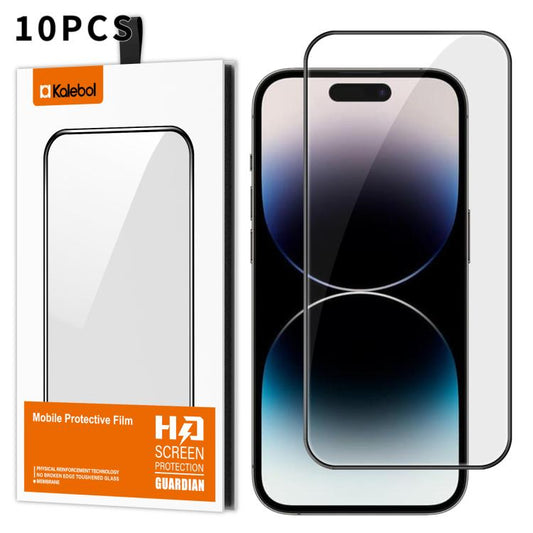 For iPhone 14 Pro 10pcs Kalebol High-Aluminum Screen-Printed Full-Coverage Anti-Fingerprint Black-Bordered HD Tempered Glass Film by Kalebol