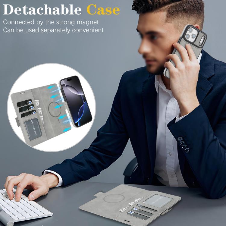 For iPhone 17 Pro Kalebol Strong Magnetic MagSafe Ring 2 In 1 Split Leather Phone Case(Gray) by Kalebol