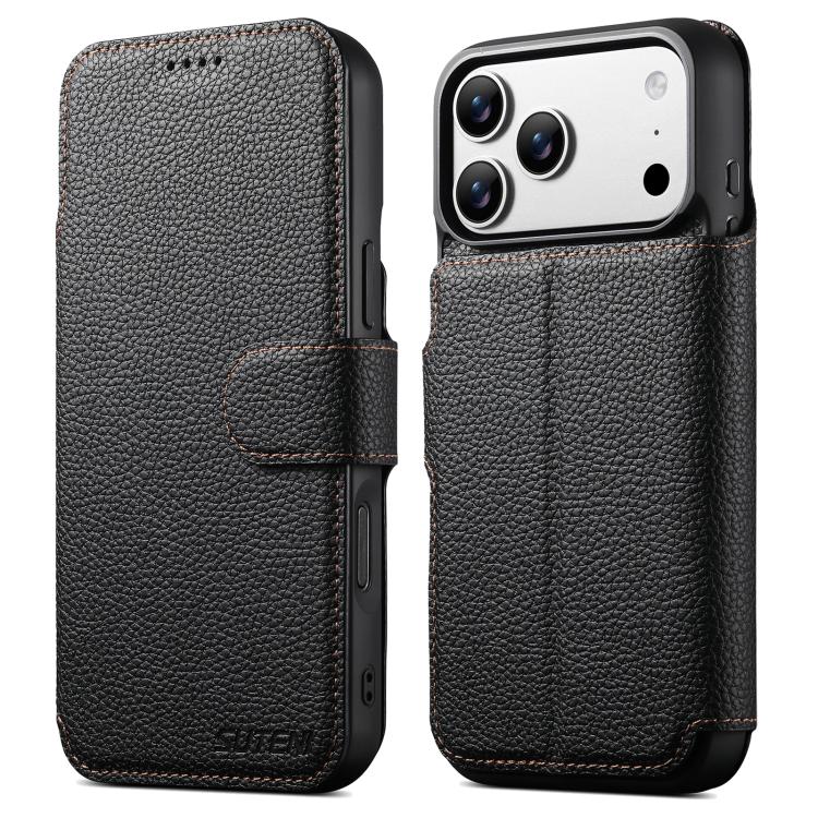 For iPhone 17 Pro Max Suteni Q05 -in-1 Multi-function MagSafe Wallet Big Litchi Leather Phone Case(Black) by Suteni