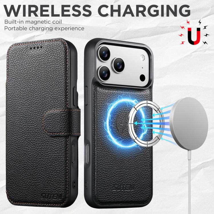 For iPhone 17 Pro Max Suteni Q05 -in-1 Multi-function MagSafe Wallet Big Litchi Leather Phone Case(Black) by Suteni