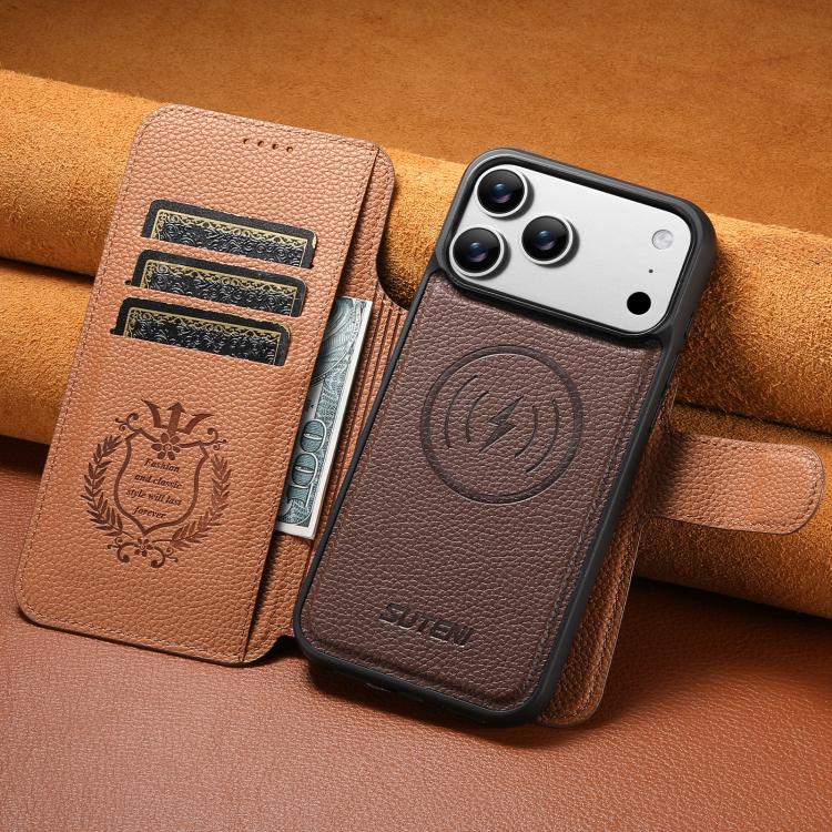 For iPhone 17 Pro Max Suteni Q05 -in-1 Multi-function MagSafe Wallet Big Litchi Leather Phone Case(Brown) by Suteni