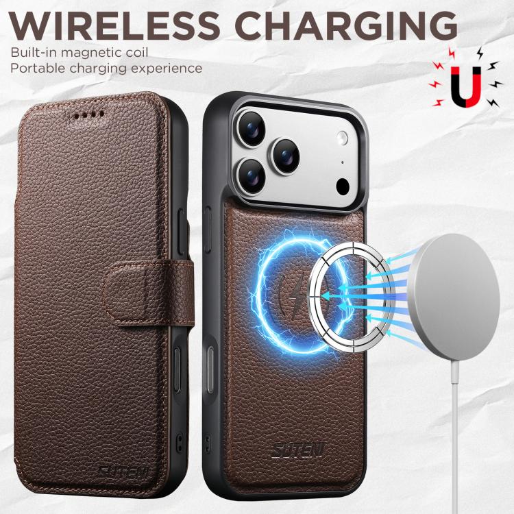 For iPhone 17 Pro Max Suteni Q05 -in-1 Multi-function MagSafe Wallet Big Litchi Leather Phone Case(Brown) by Suteni