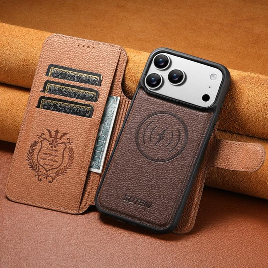 For iPhone 17 Pro Suteni Q05 -in-1 Multi-function MagSafe Wallet Big Litchi Leather Phone Case(Brown) by Suteni