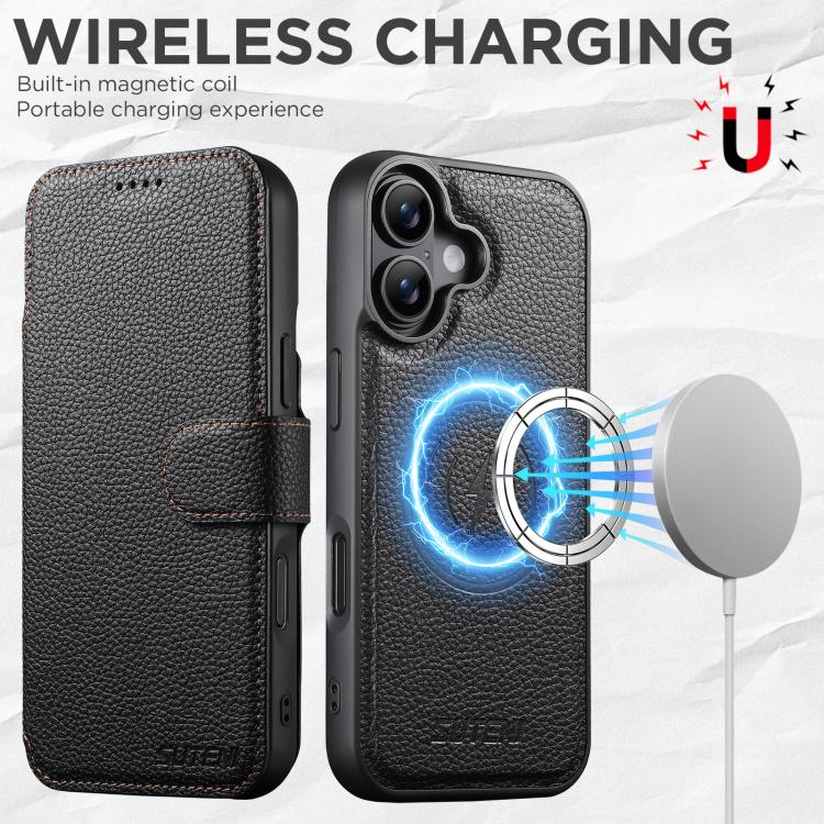 For iPhone 17 Suteni Q05 -in-1 Multi-function MagSafe Wallet Big Litchi Leather Phone Case(Black) by Suteni