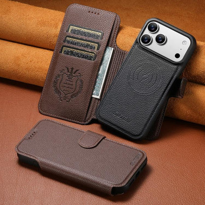 For iPhone 17 Suteni Q05 -in-1 Multi-function MagSafe Wallet Big Litchi Leather Phone Case(Brown) by Suteni