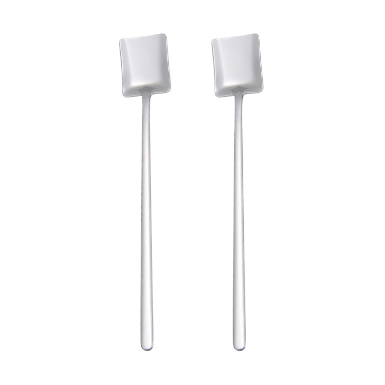 2 PCS Stainless Steel Spoon Creative Coffee Spoon Bar Ice Spoon Gold Plated Long Stirring Spoon, Style:Square Spoon, Color:Silver by bashfashion