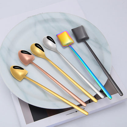 2 PCS Stainless Steel Spoon Creative Coffee Spoon Bar Ice Spoon Gold Plated Long Stirring Spoon, Style:Square Spoon, Color:Silver by bashfashion