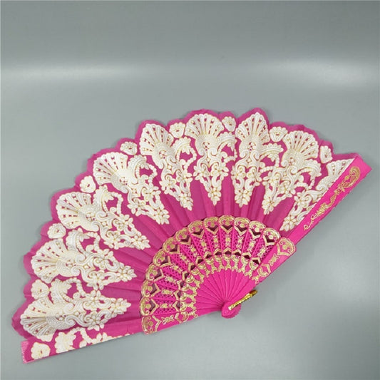 Spain Style Plastic Folding Fan Peacock Lace Fan Ladies Dance Gilding Fan, Size:23x42cm(Rose Red) by bashfashion