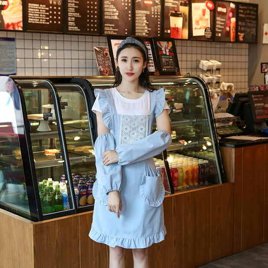 Princess Apron Kitchen Women Work Clothes Coffee Shop Apron, Specification:Apron + Sleeve(Blue) by bashfashion