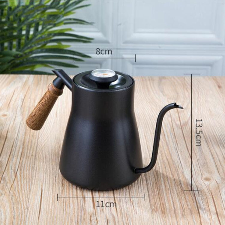304 Stainless Steel Coffee Hand Pot Wooden Handle Coffee Pot Teflon Long-Mouth Slender Pot, Style: With Thermometer by bashfashion