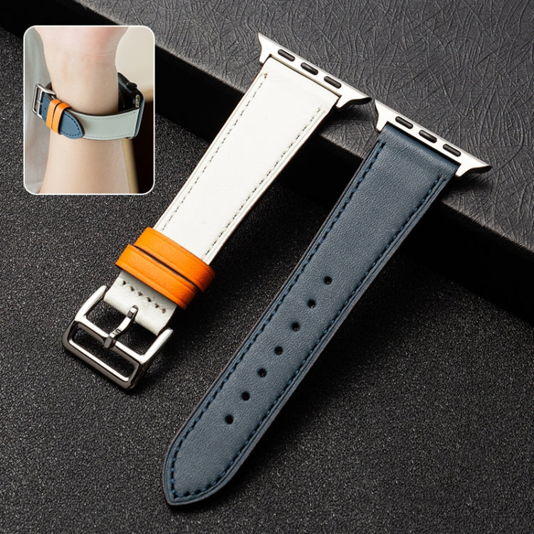 Cowhide Leather Strap Watch Band For Apple Watch Series 9&8&7 41mm / SE 3&SE 2&6&SE&5&4 40mm / 3&2&1 38mm(Dark Blue White) by bashfashion