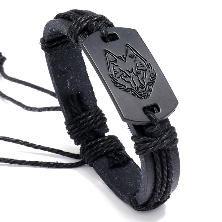 B01916 Men Leather Wolf Head Woven Bracelet(Black) by bashfashion