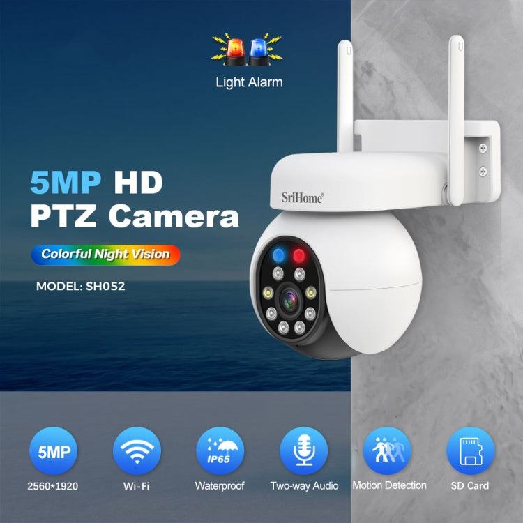 SriHome SH052 Wifi 5MP Wireless PTZ IP AI Auto Tracking Sound&Light Alarm Starlight Color Night Vision Outdoors Surveillance Camera, Plug: EU by SriHome