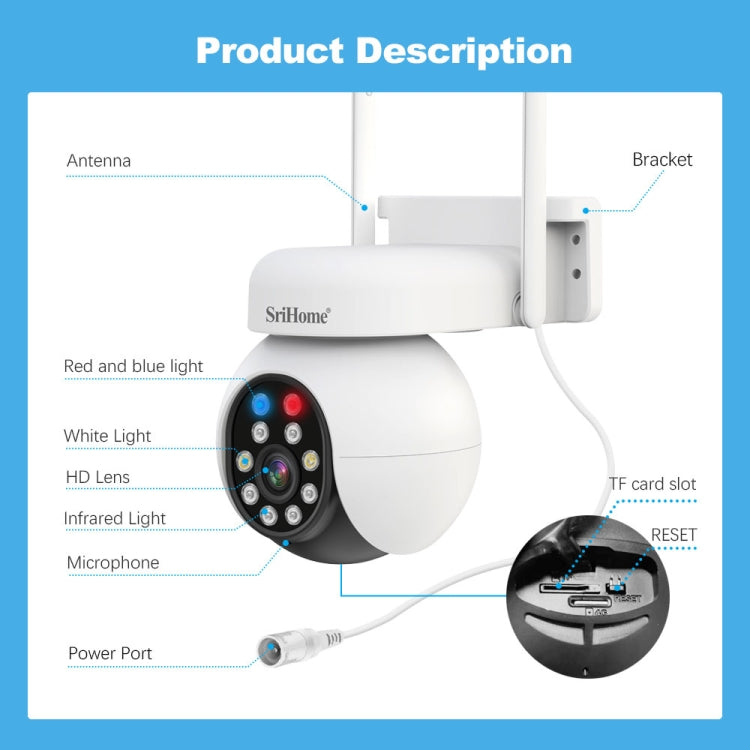 SriHome SH052 Wifi 5MP Wireless PTZ IP AI Auto Tracking Sound&Light Alarm Starlight Color Night Vision Outdoors Surveillance Camera, Plug: AU by SriHome