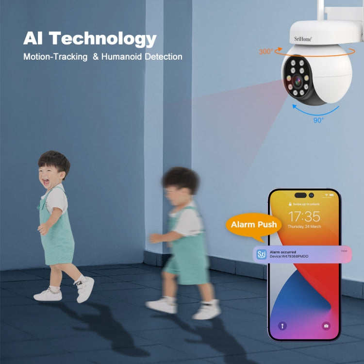 SriHome SH052 Wifi 5MP Wireless PTZ IP AI Auto Tracking Sound&Light Alarm Starlight Color Night Vision Outdoors Surveillance Camera, Plug: US by SriHome