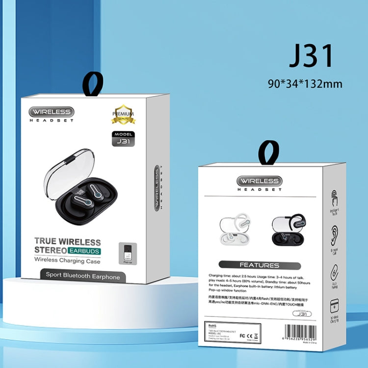 J31 OWS Hanging Ear Stereo Bluetooth Earphones With Digital Charging Compartment(Black) by bashfashion