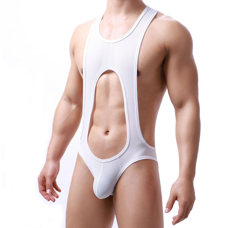 Men Fine Mesh Breathable One-piece Underwear Bodysuit, Size: L(White) by bashfashion