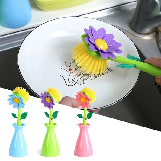 Flower Shaped Long Handle Pot Brush Kitchen Dishes Brush Sink Stove Cleaning Tool(Blue) by bashfashion