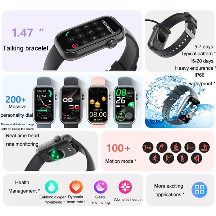 QS50 1.47inch TFT Screen Smart Wristband Support Bluetooth Calling / Oxygen Detection / Sleep Detection / Heart Rate Detection(Black) by bashfashion