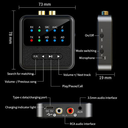 2-in-1 Bluetooth 5.4 Audio Transceiver HiFi Transmitter/Receiver, HD Calls, RCA/3.5mm AUX for Car/Home Stereo by bashfashion