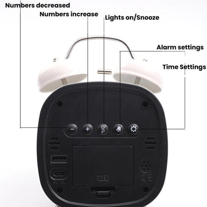 Loud Metal Powerful Ringing Clock LED Multifunction Clock, Color: White Shell Red Light by bashfashion