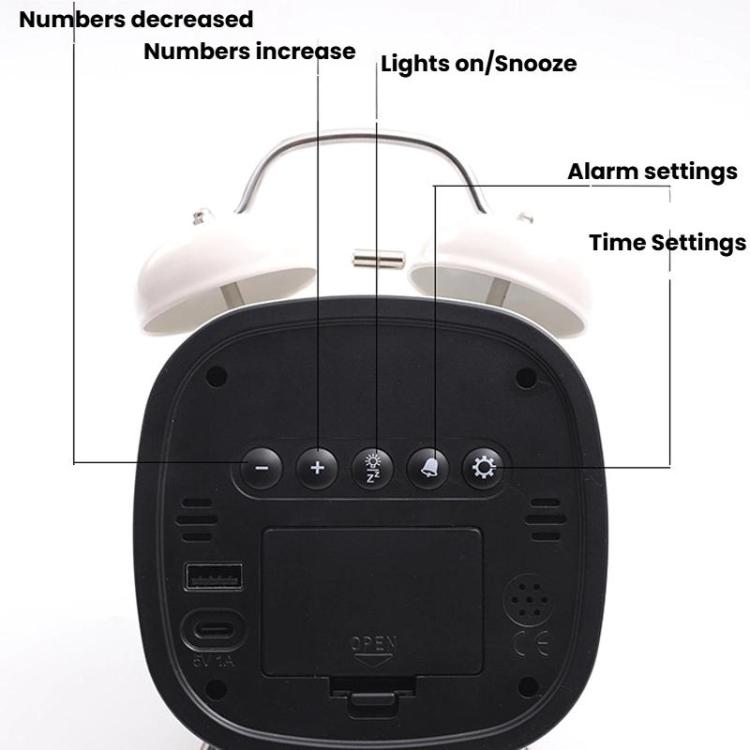 Loud Metal Powerful Ringing Clock LED Multifunction Clock, Color: Black Shell White Light by bashfashion